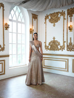 Champagne Gold Hand-Embroidered blouse and Pre-Draped  Saree Set with Soft Metallic flowing Drape Dupatta