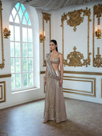 Champagne Gold Hand-Embroidered blouse and Pre-Draped  Saree Set with Soft Metallic flowing Drape Dupatta