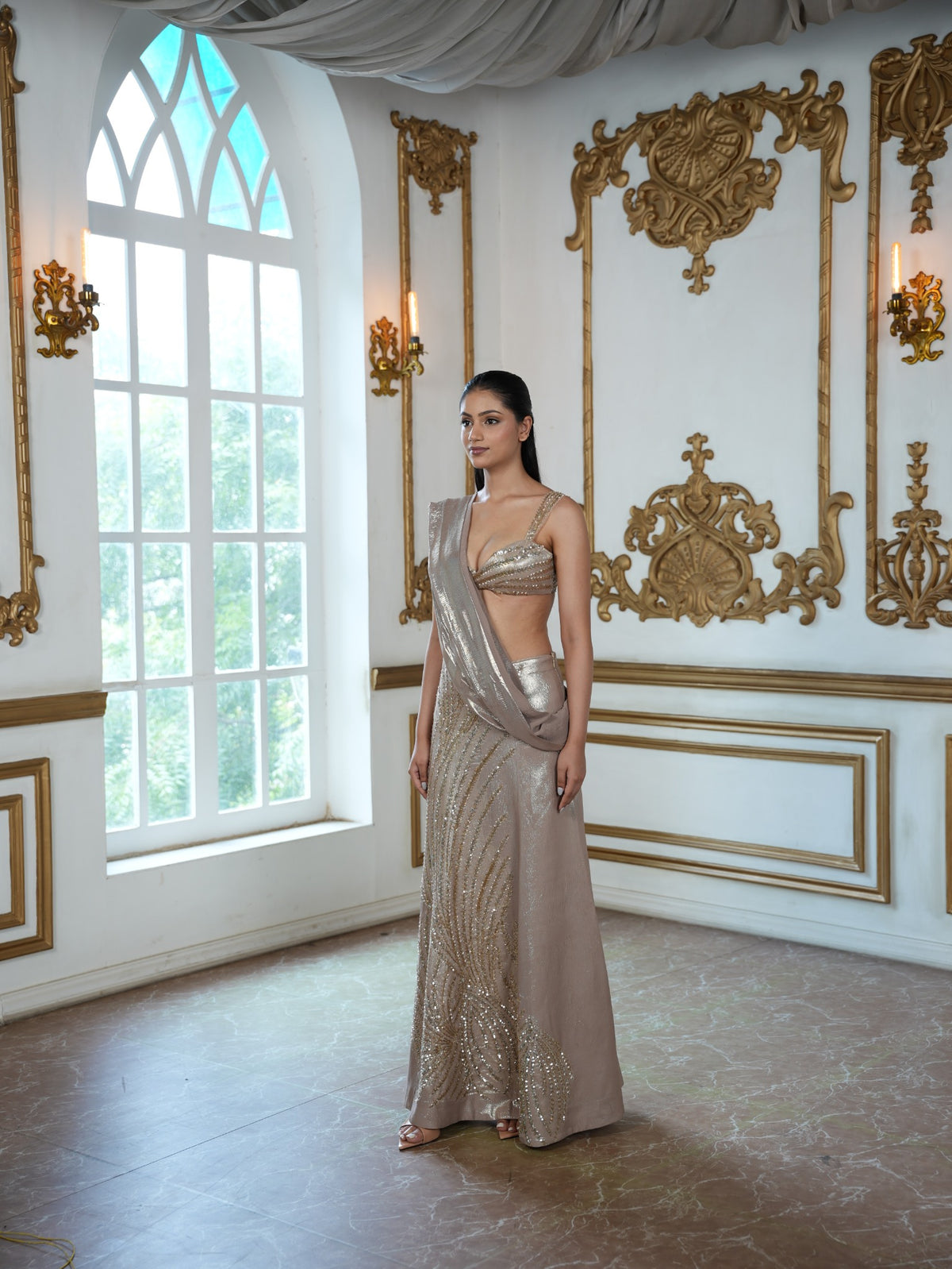 Champagne Gold Hand-Embroidered blouse and Pre-Draped  Saree Set with Soft Metallic flowing Drape Dupatta