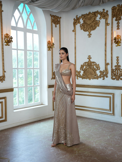 Champagne Gold Hand-Embroidered blouse and Pre-Draped  Saree Set with Soft Metallic flowing Drape Dupatta