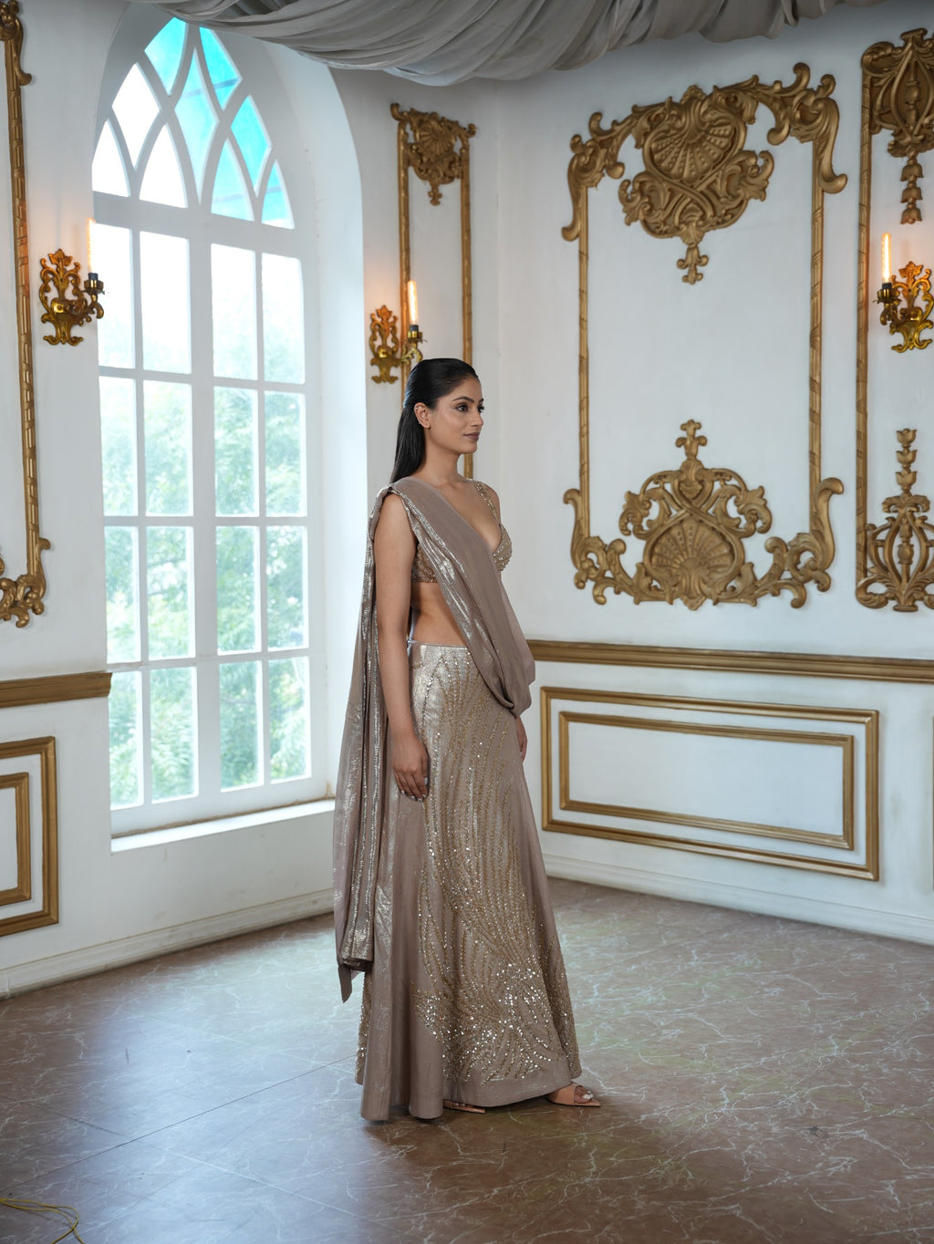 Champagne Gold Hand-Embroidered blouse and Pre-Draped  Saree Set with Soft Metallic flowing Drape Dupatta