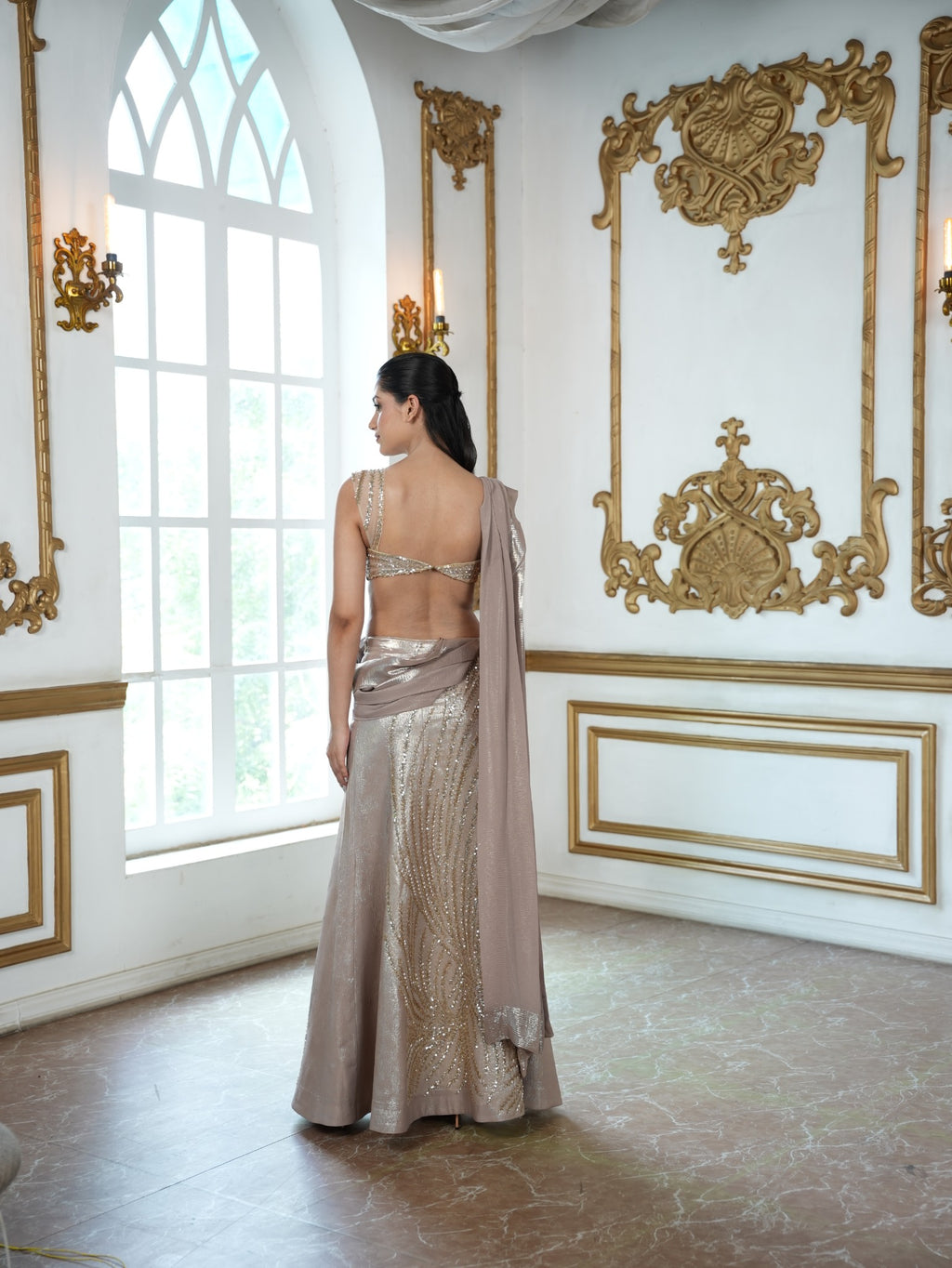 Champagne Gold Hand-Embroidered blouse and Pre-Draped  Saree Set with Soft Metallic flowing Drape Dupatta