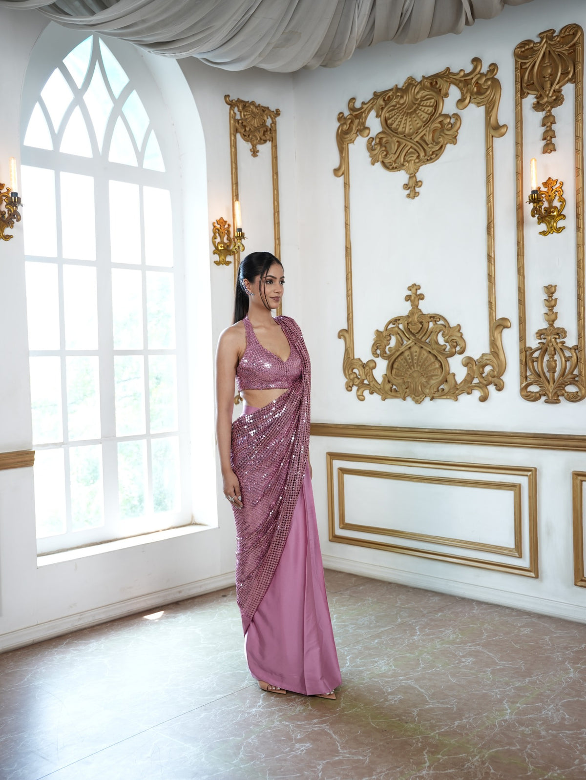 Pink Stardust satin pre draped saree with mesh dupatta and halter neckline Statement Blouse