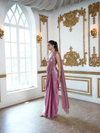 Pink Stardust satin pre draped saree with mesh dupatta and halter neckline Statement Blouse