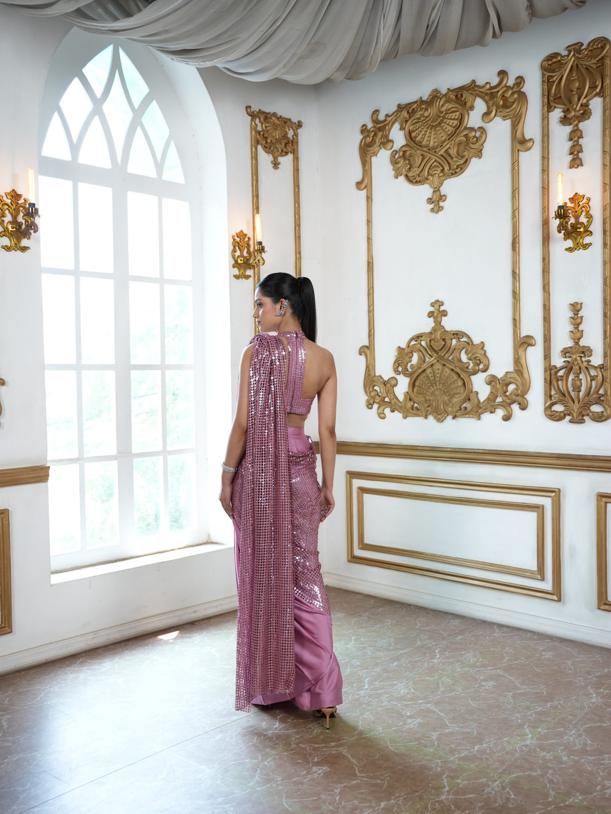 Pink Stardust satin pre draped saree with mesh dupatta and halter neckline Statement Blouse