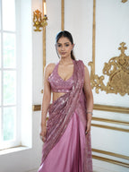 Pink Stardust satin pre draped saree with mesh dupatta and halter neckline Statement Blouse