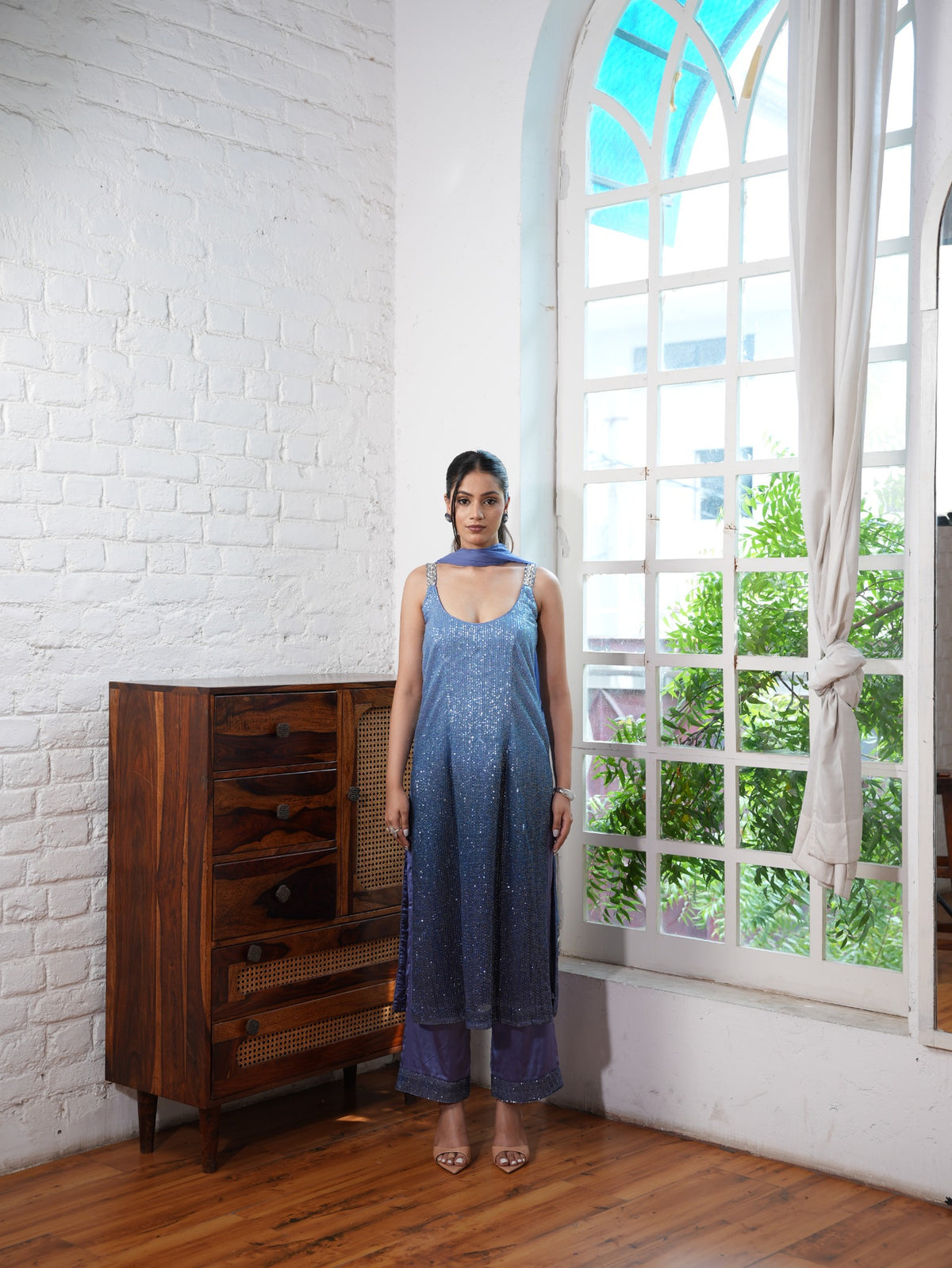 Powder Blue to Celestial Blue Ombré Evening Suit Set with a Flowing Georgette Dupatta with Tassel Detailing