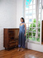 Powder Blue to Celestial Blue Ombré Evening Suit Set with a Flowing Georgette Dupatta with Tassel Detailing