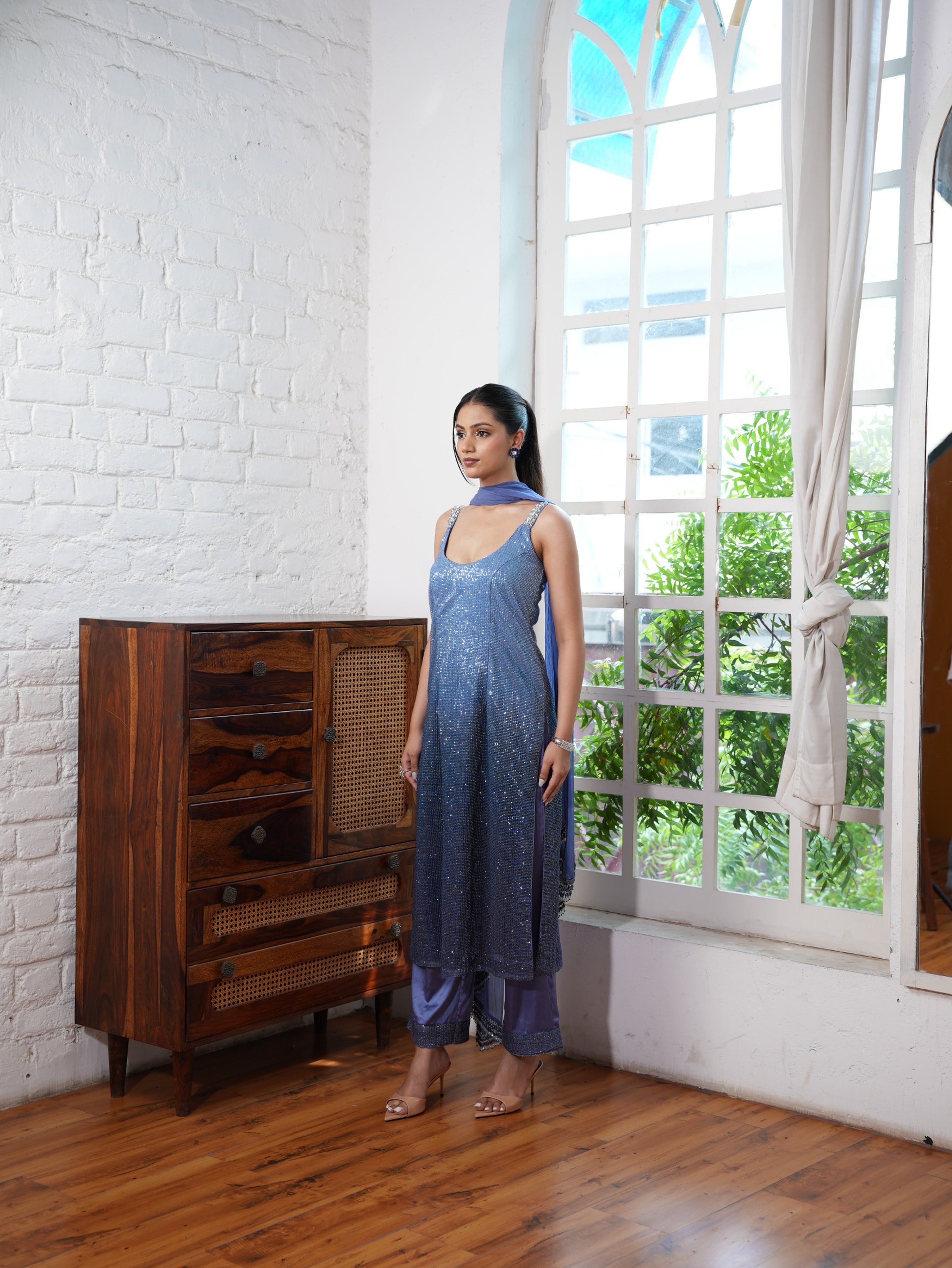 Powder Blue to Celestial Blue Ombré Evening Suit Set with a Flowing Georgette Dupatta with Tassel Detailing