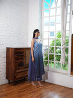 Powder Blue to Celestial Blue Ombré Evening Suit Set with a Flowing Georgette Dupatta with Tassel Detailing