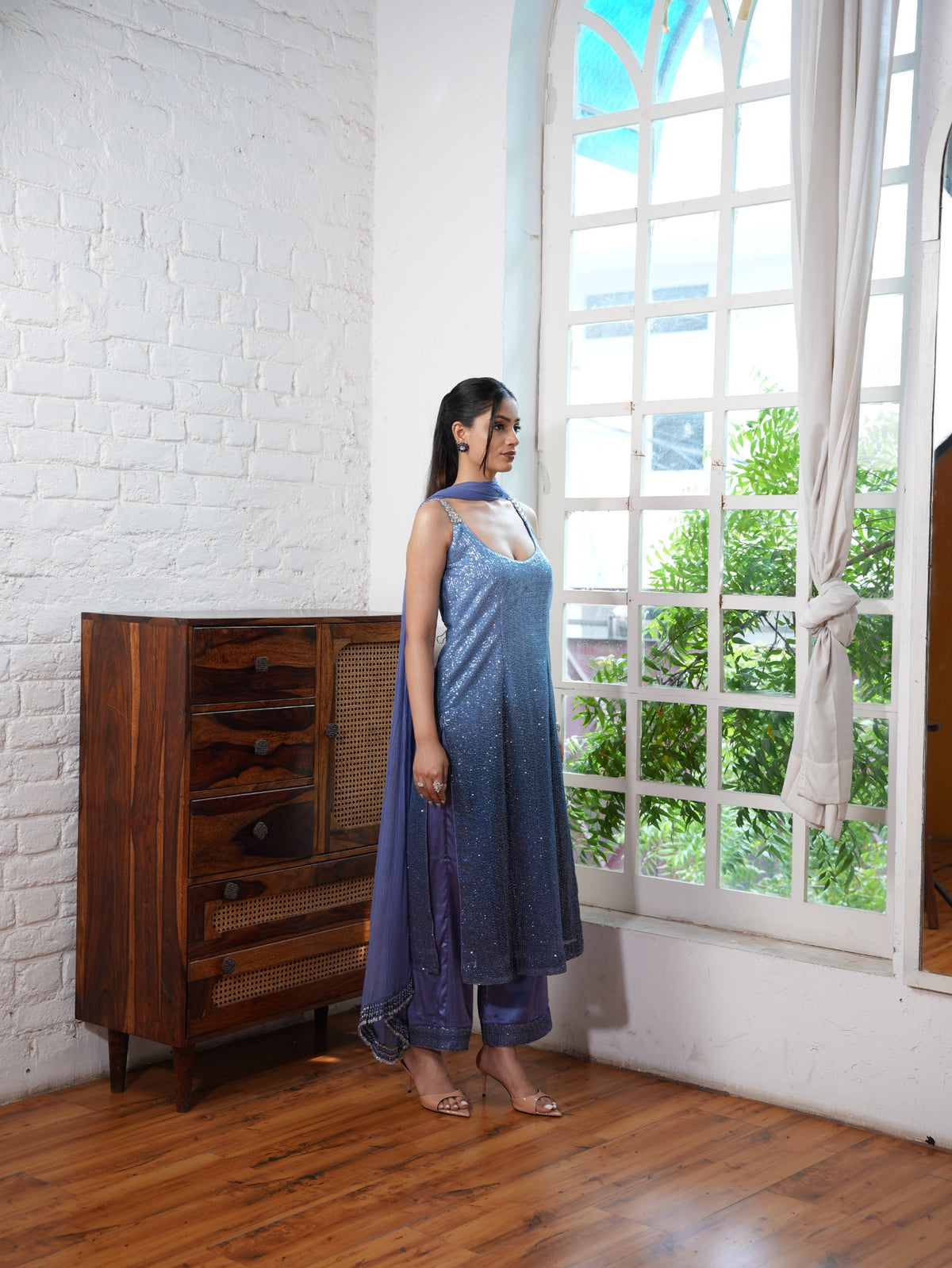 Powder Blue to Celestial Blue Ombré Evening Suit Set with a Flowing Georgette Dupatta with Tassel Detailing