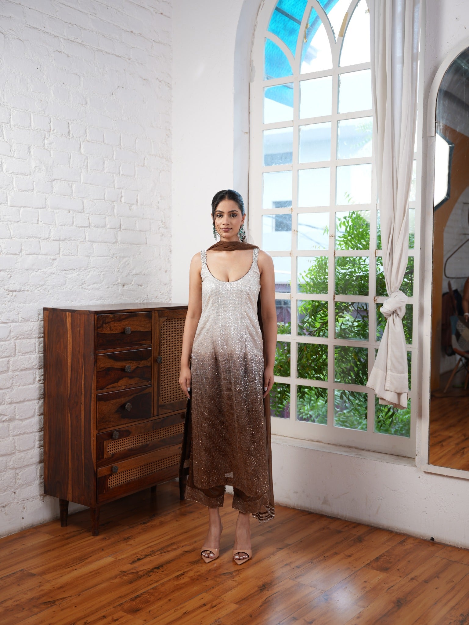 Pearl Champagne to Bronze Ombré Evening Suit Set with a Flowing Georgette Dupatta with Tassel Detailing