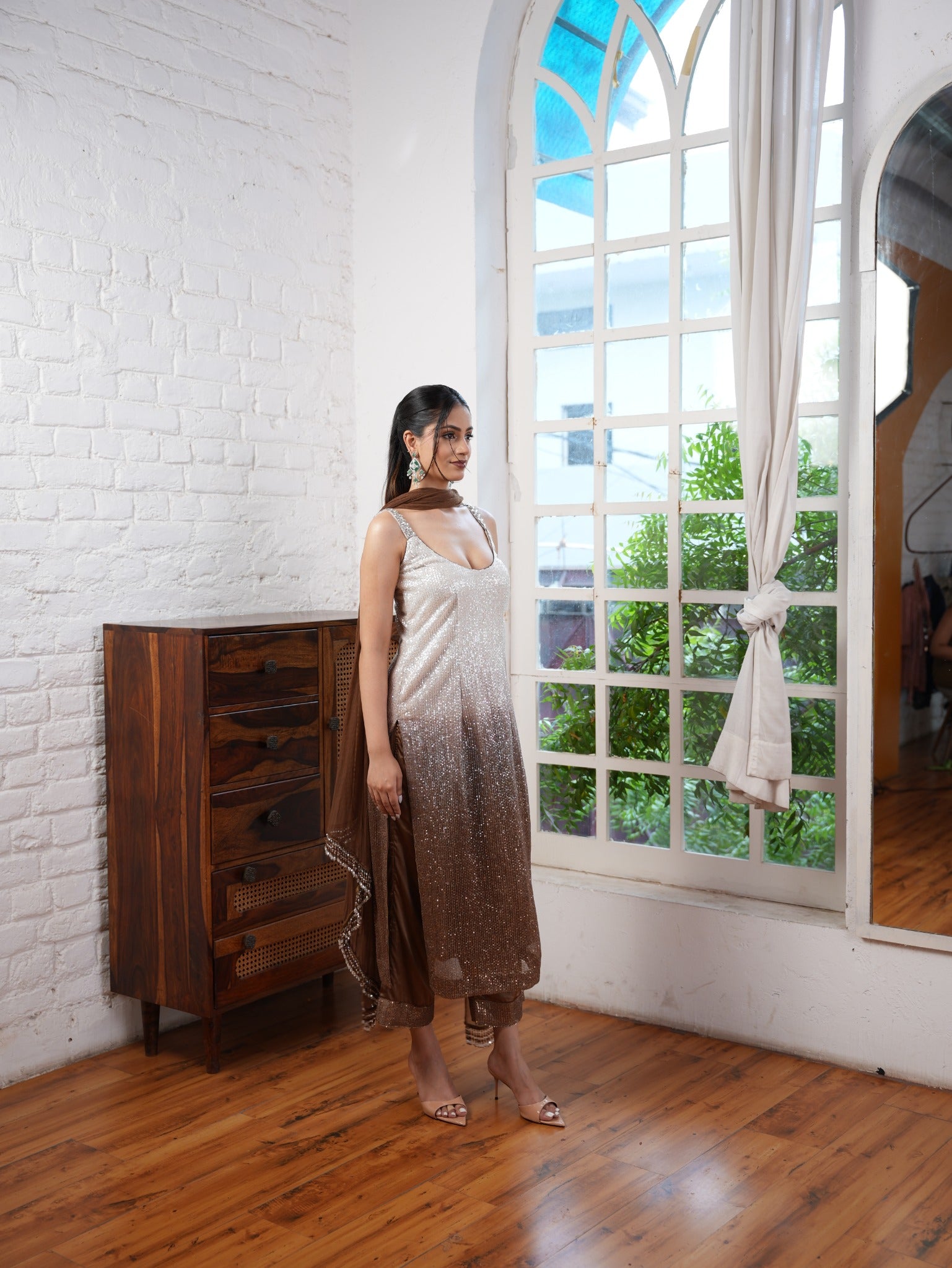 Pearl Champagne to Bronze Ombré Evening Suit Set with a Flowing Georgette Dupatta with Tassel Detailing
