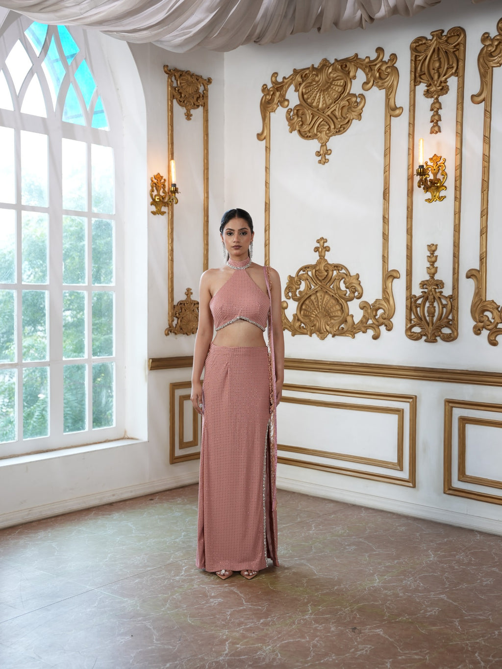 Petal Pink Soirée Couture Set with Halter neckline top and High-Slit Skirt & Lace Dupatta