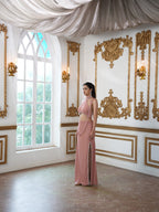 Petal Pink Soirée Couture Set with Halter neckline top and High-Slit Skirt & Lace Dupatta