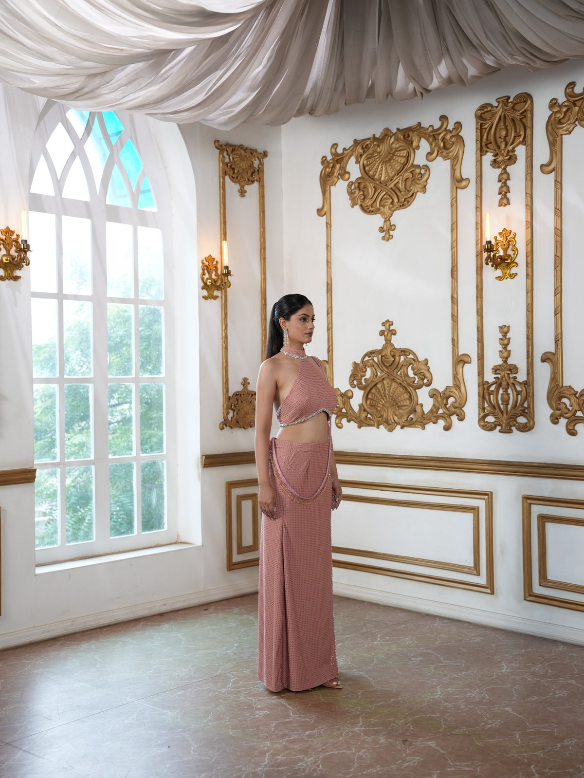 Petal Pink Soirée Couture Set with Halter neckline top and High-Slit Skirt & Lace Dupatta
