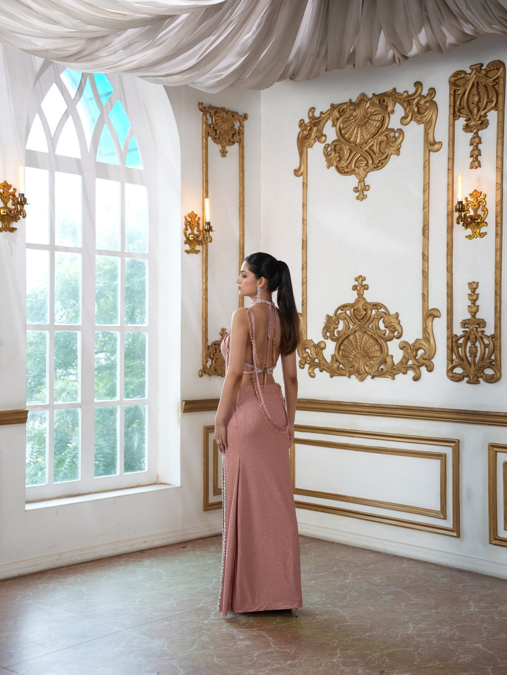 Petal Pink Soirée Couture Set with Halter neckline top and High-Slit Skirt & Lace Dupatta