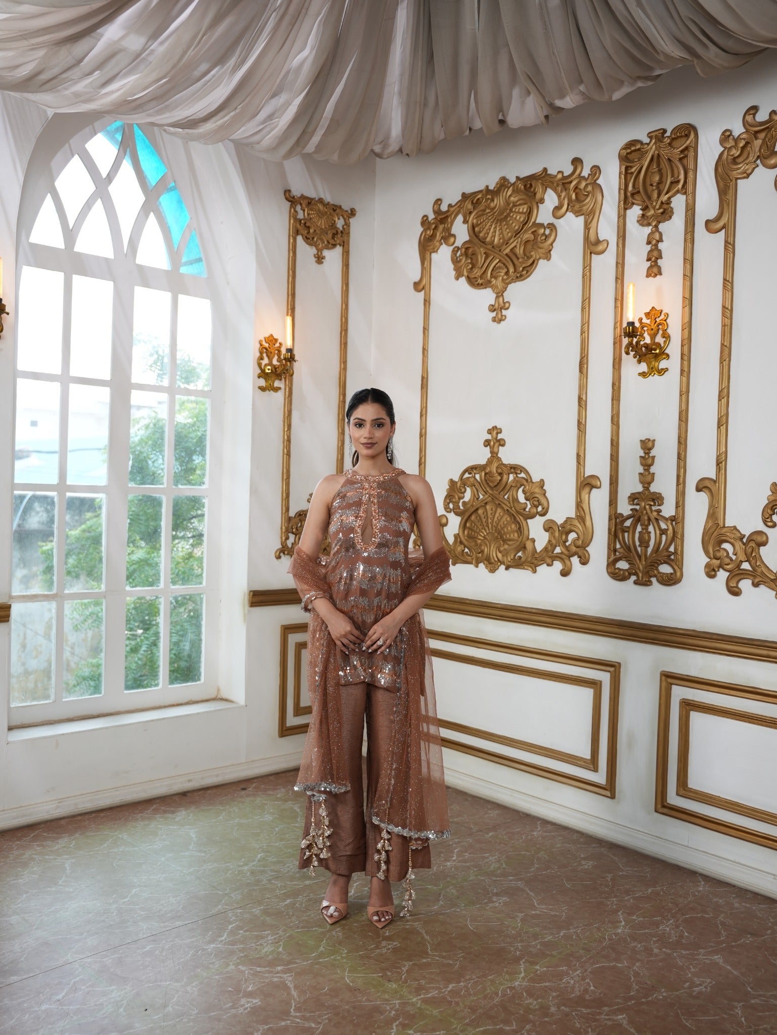 Mocha Sequinned Occasion Suit with Tasselled Net Dupatta