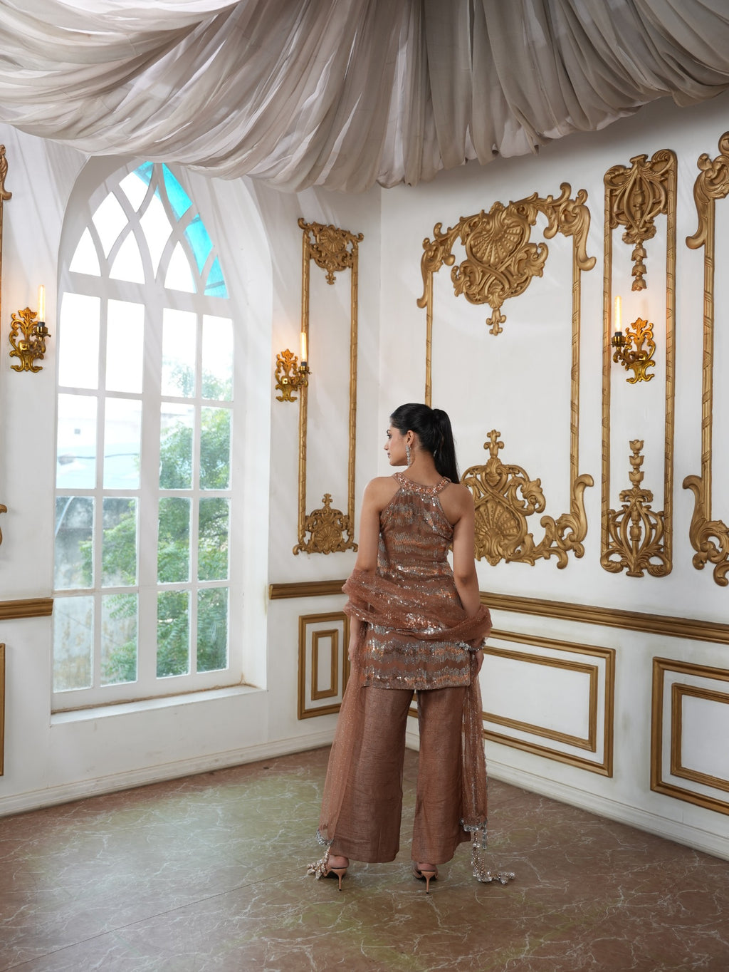 Mocha Sequinned Occasion Suit with Tasselled Net Dupatta