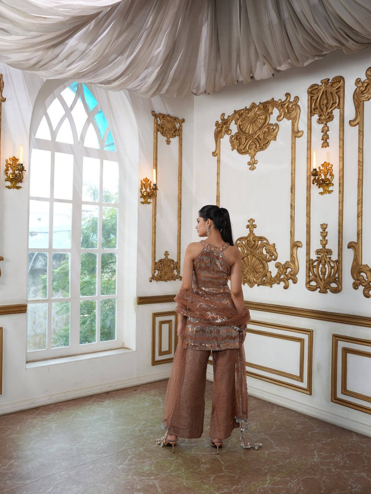 Mocha Sequinned Occasion Suit with Tasselled Net Dupatta