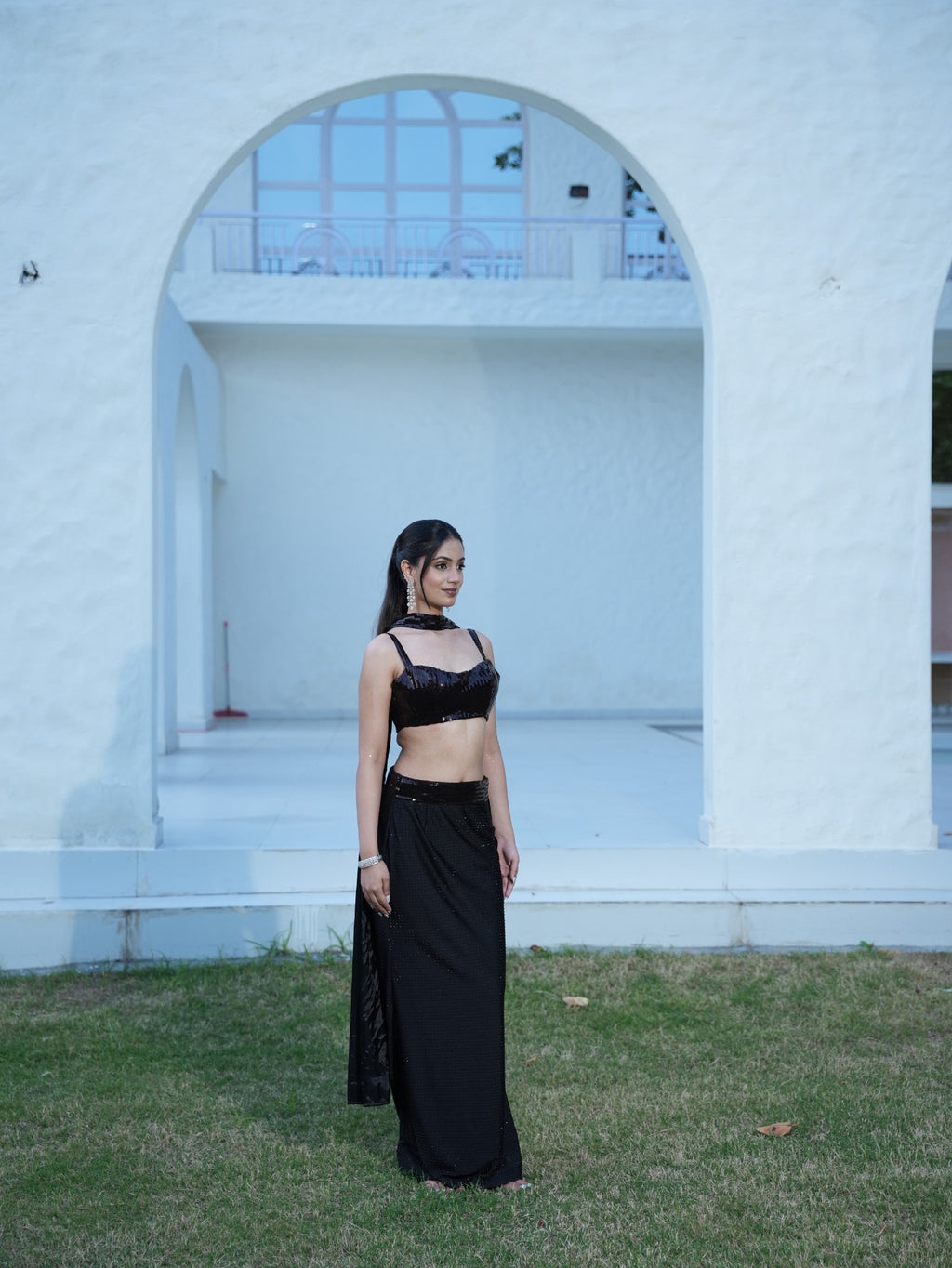 The Midnight Cocktail Crystal-embellished high-slit skirt paired with a fitted top and statement choker dupatta