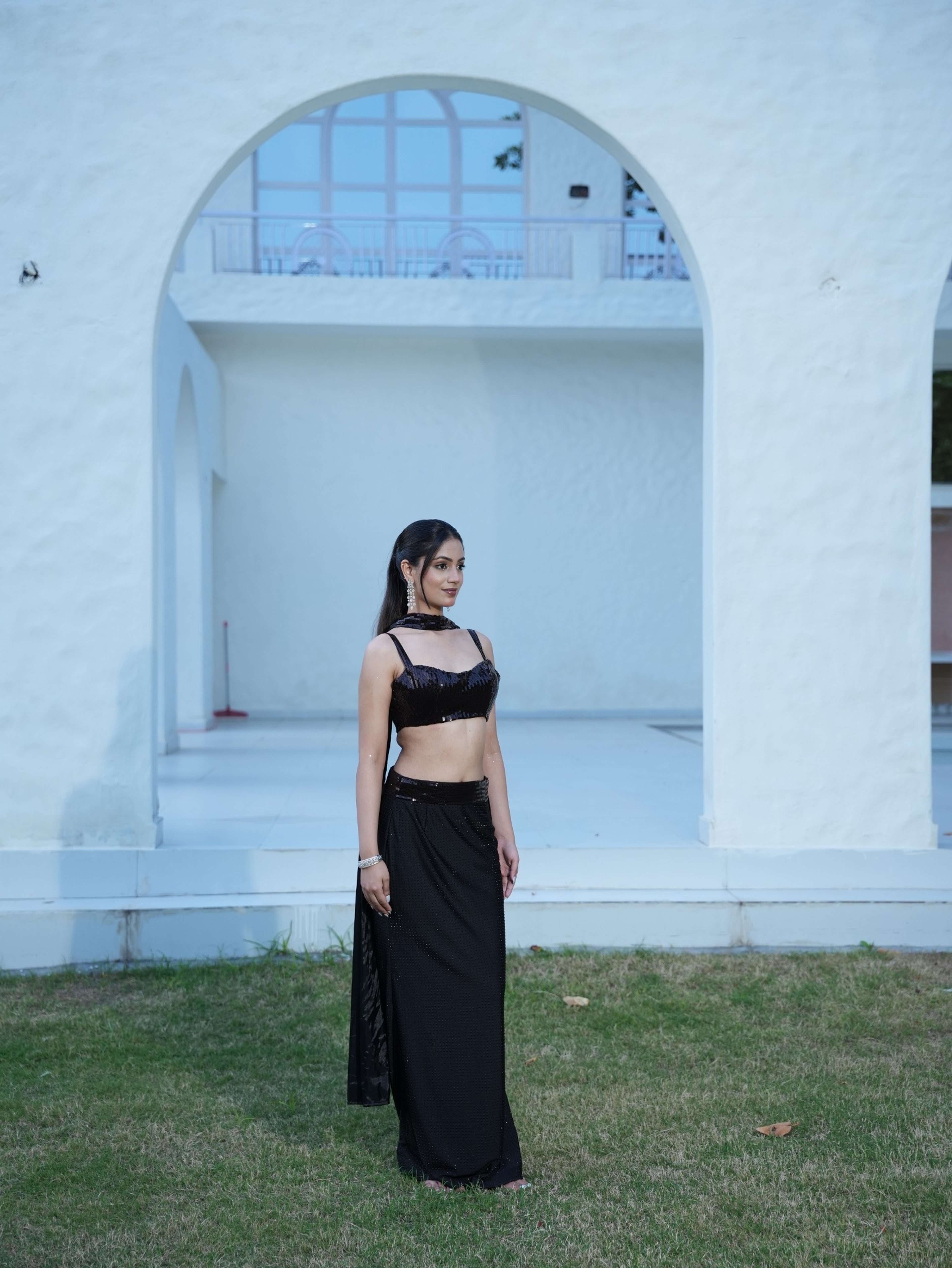 The Midnight Cocktail Crystal-embellished high-slit skirt paired with a fitted top and statement choker dupatta