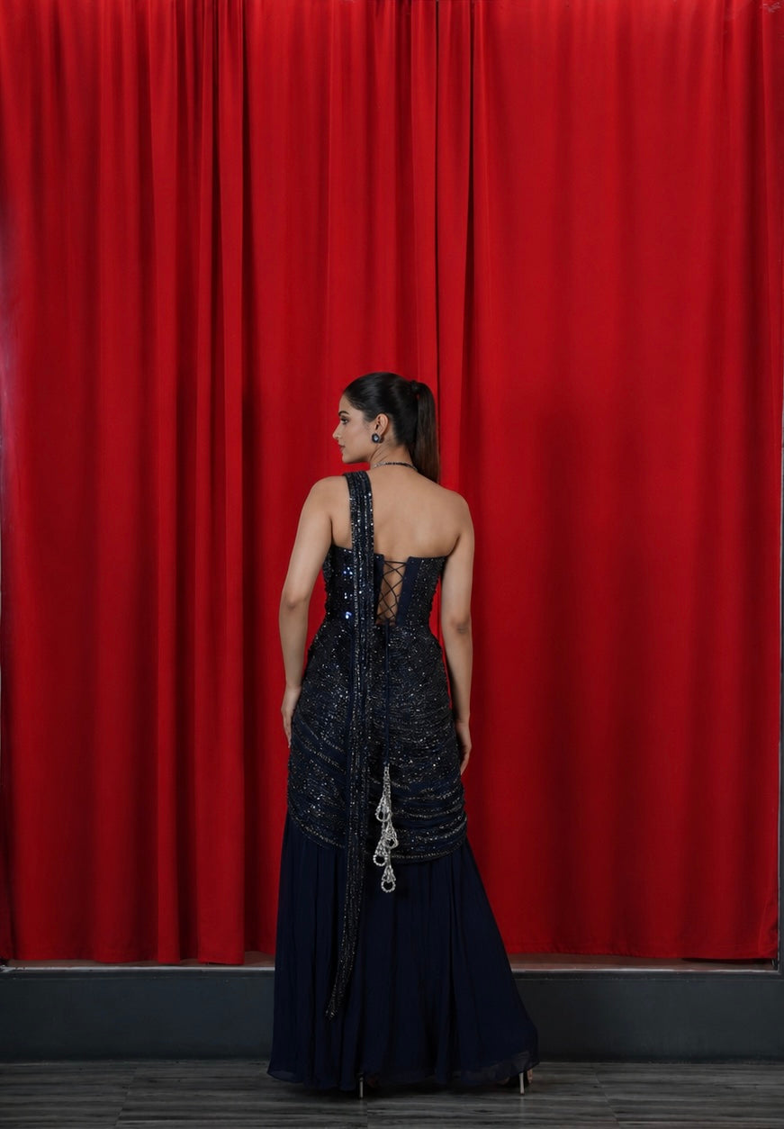 The Moonlit Starlight Pre-Draped Saree set with embellished corset