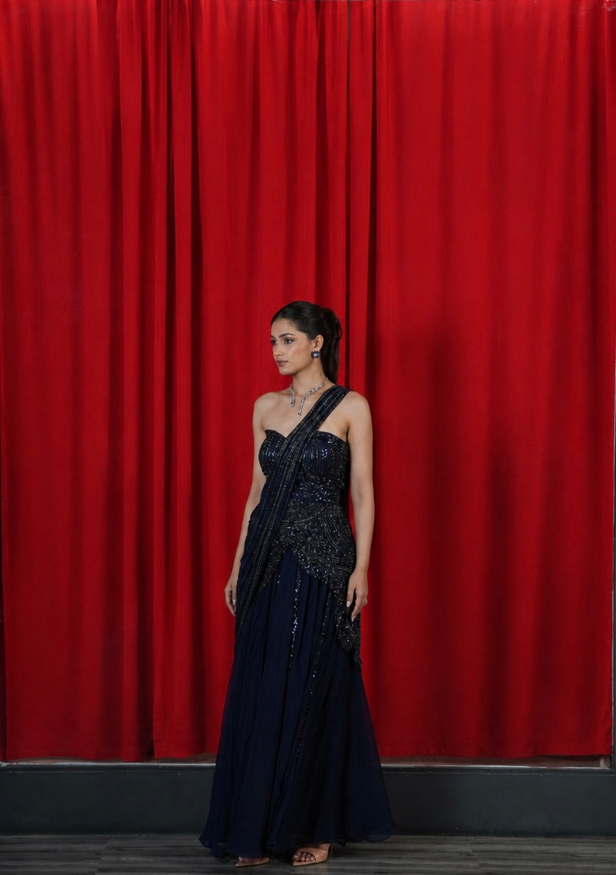 The Moonlit Starlight Pre-Draped Saree set with embellished corset