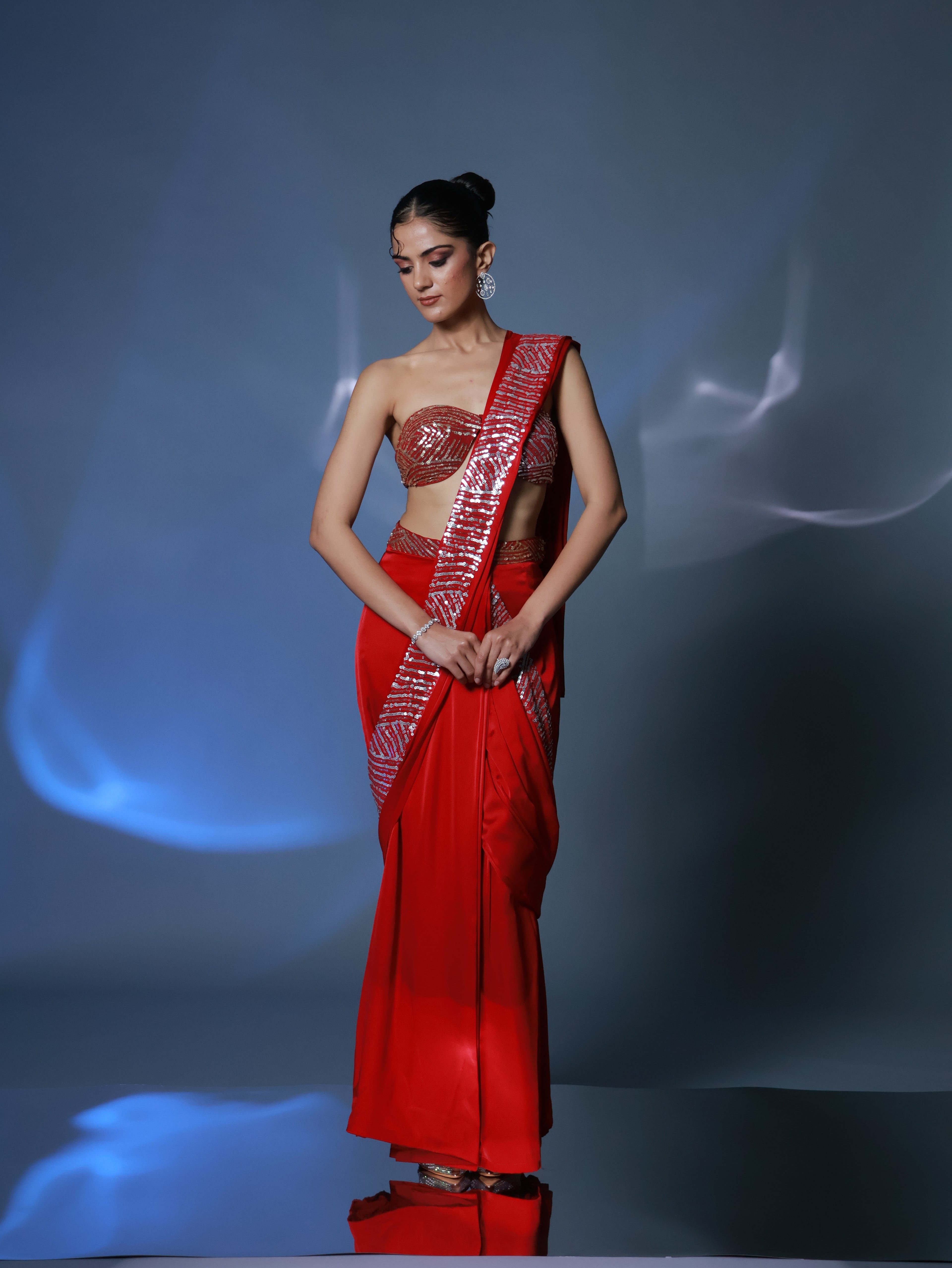 Red Pre Draped Satin Sequinned Sari Set
