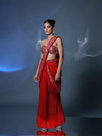 Red Pre Draped Satin Sequinned Sari Set