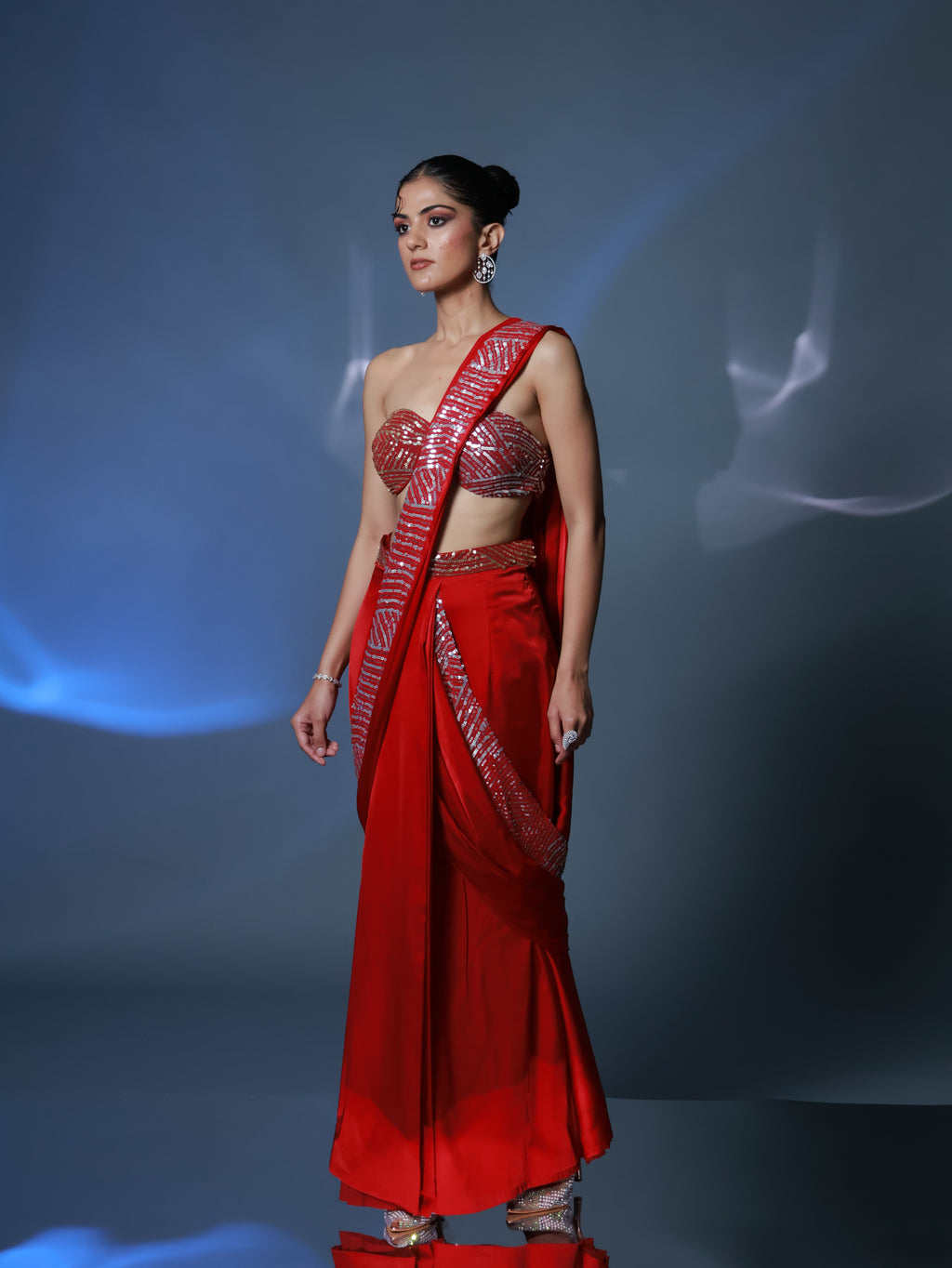 Red Pre Draped Satin Sequinned Sari Set