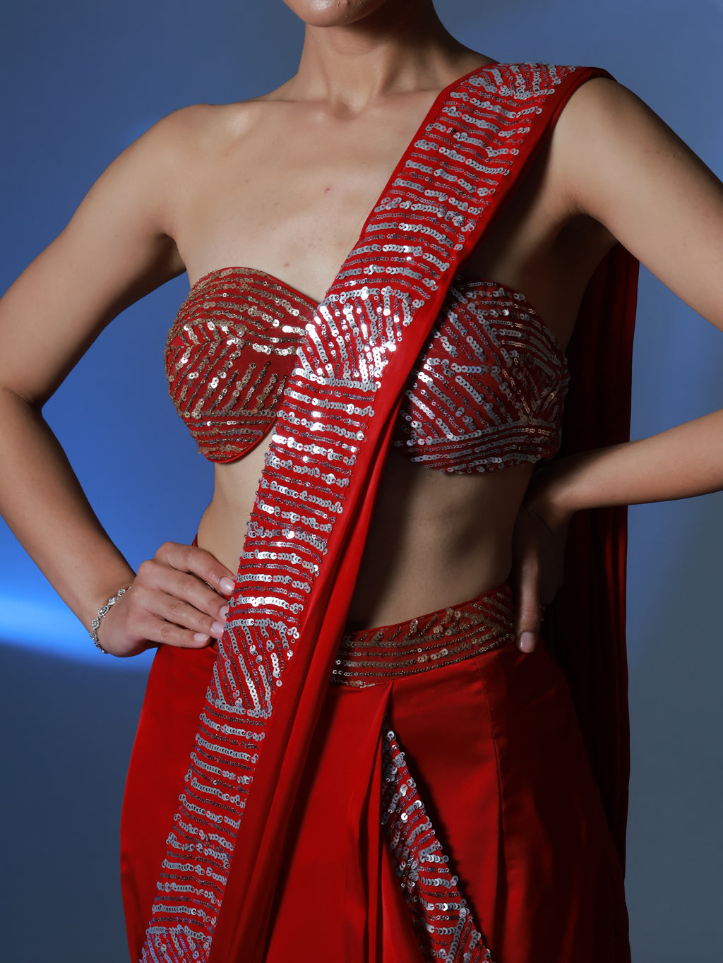 Red Pre Draped Satin Sequinned Sari Set