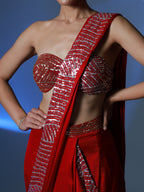 Red Pre Draped Satin Sequinned Sari Set