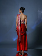 Red Pre Draped Satin Sequinned Sari Set