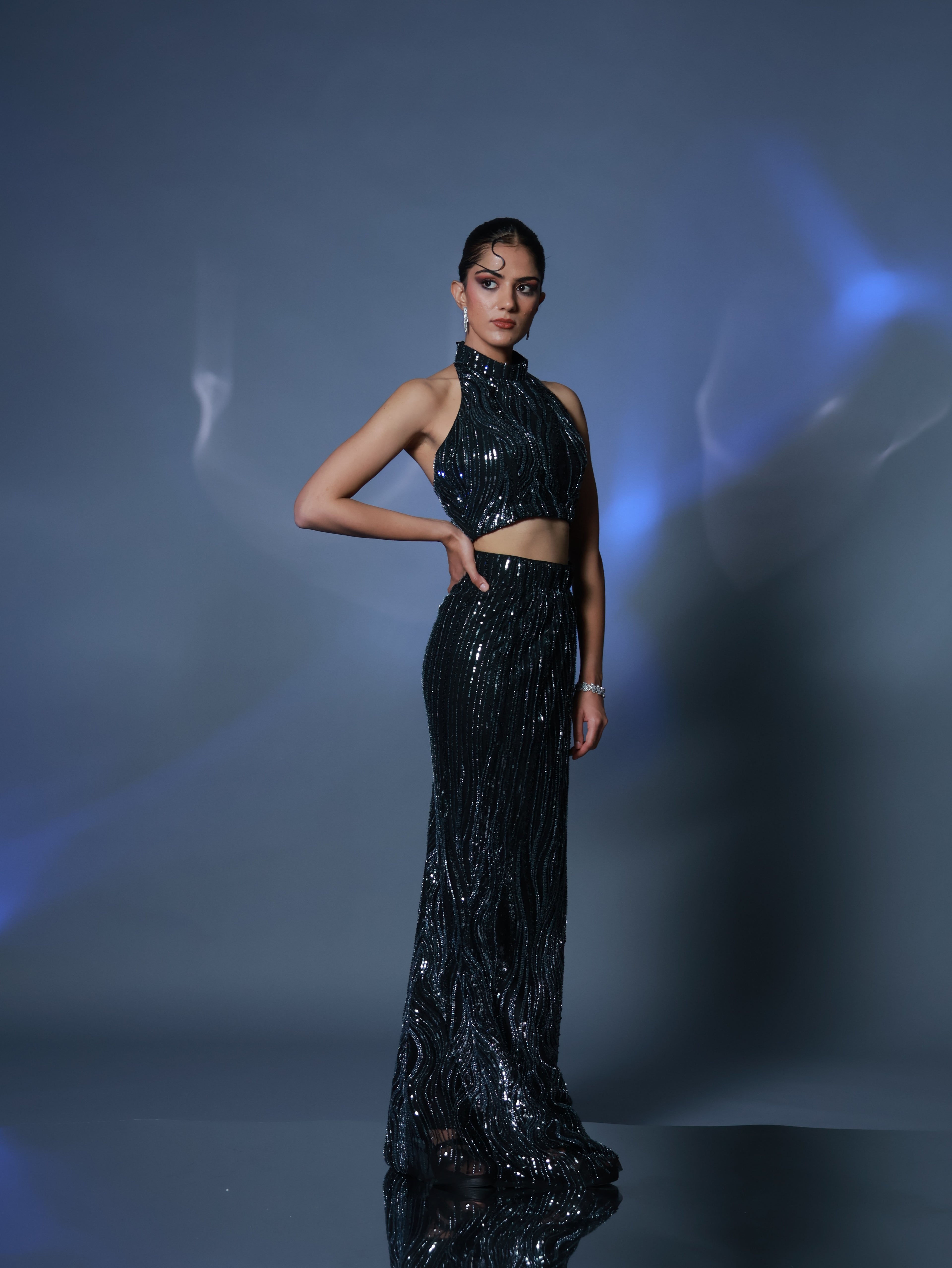 Black Embellished Silver Sequin Co-ord Set