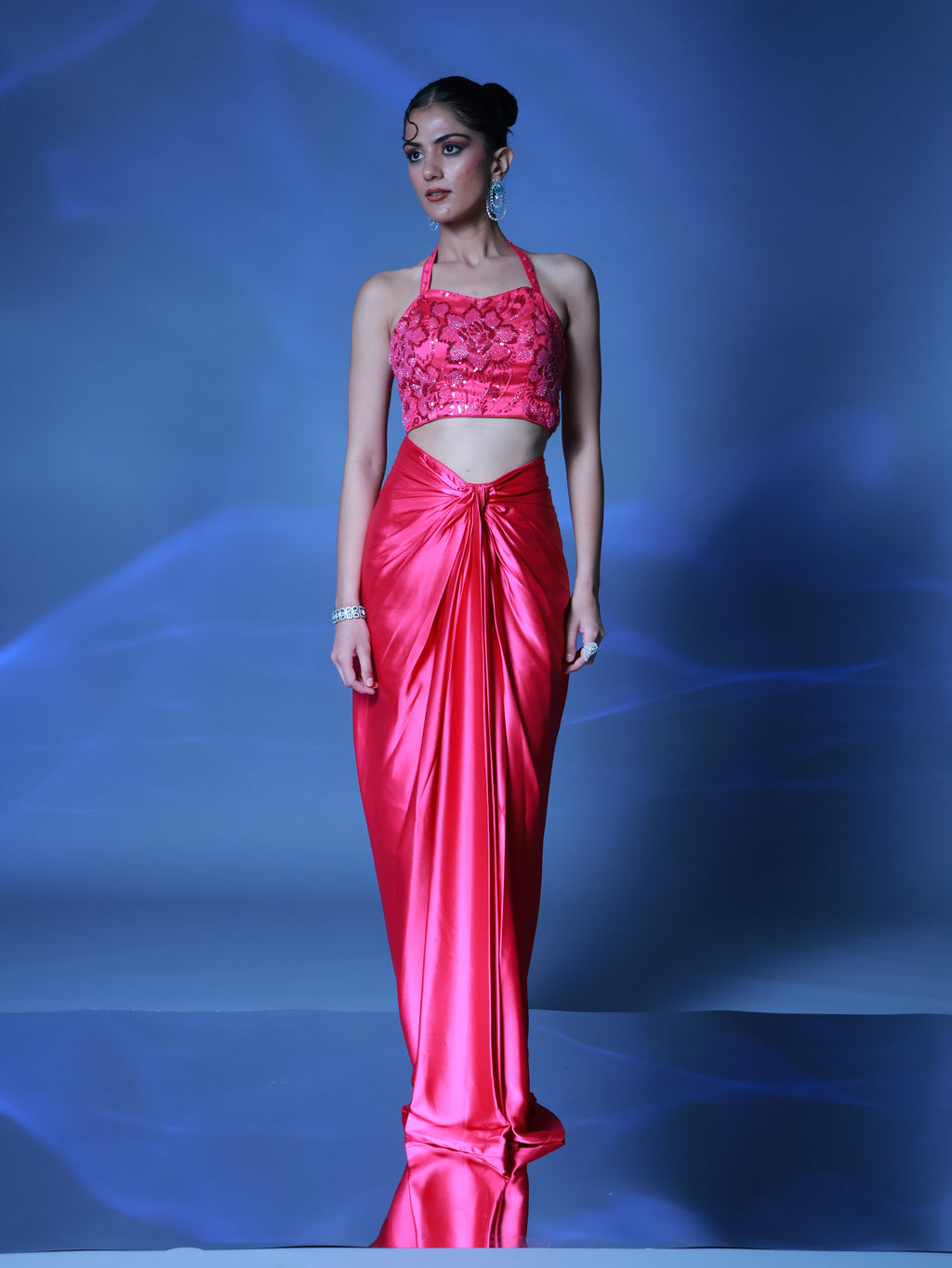 Fuschia Pink Pre Draped Satin Skirt with Pink Embellished Halter Top