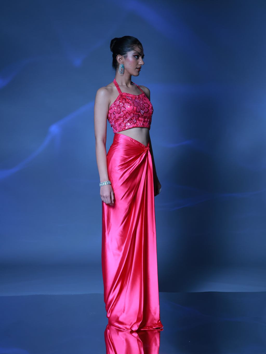 Fuschia Pink Pre Draped Satin Skirt with Pink Embellished Halter Top
