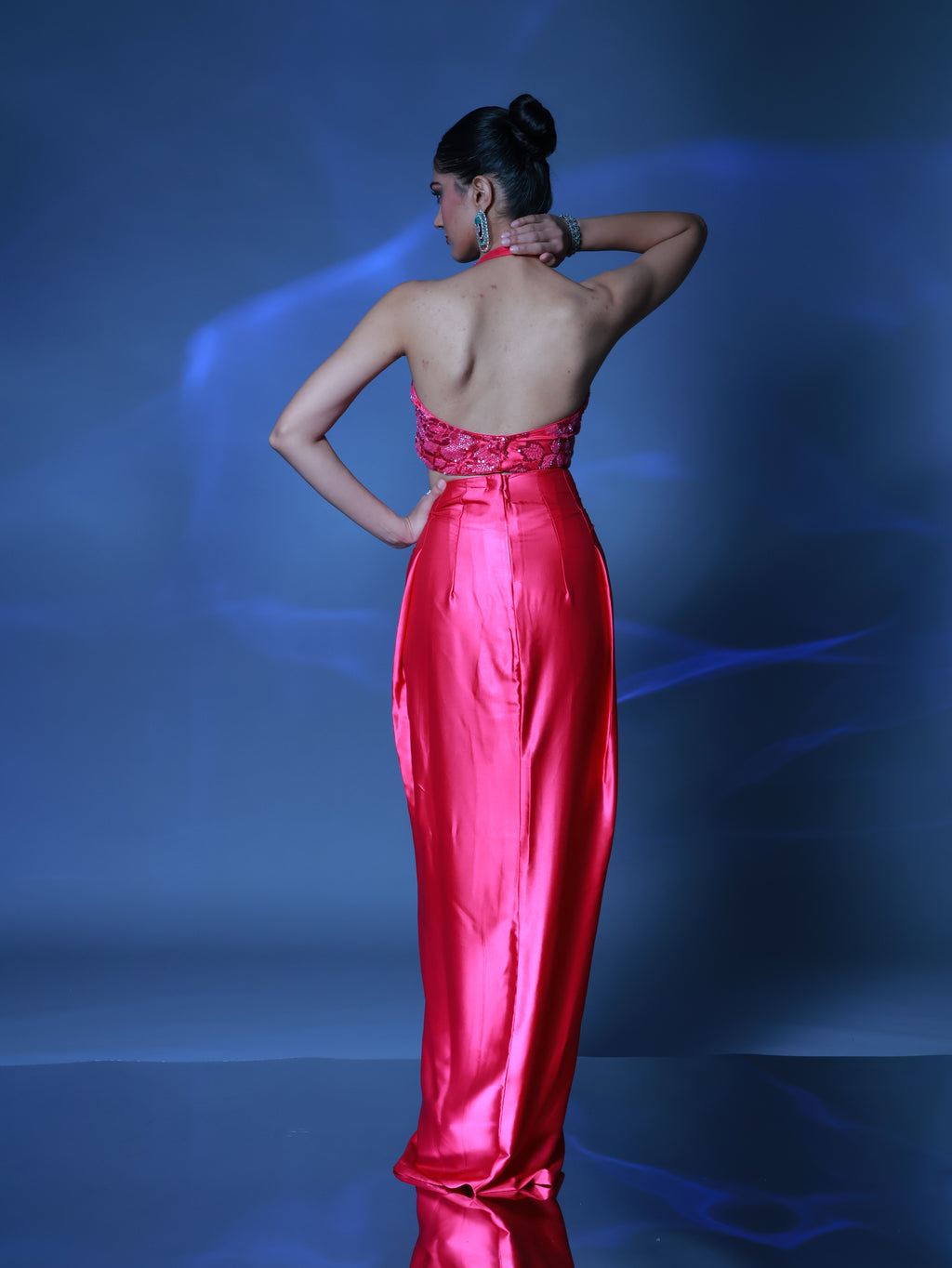 Fuschia Pink Pre Draped Satin Skirt with Pink Embellished Halter Top