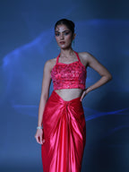 Fuschia Pink Pre Draped Satin Skirt with Pink Embellished Halter Top