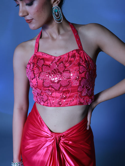 Fuschia Pink Pre Draped Satin Skirt with Pink Embellished Halter Top