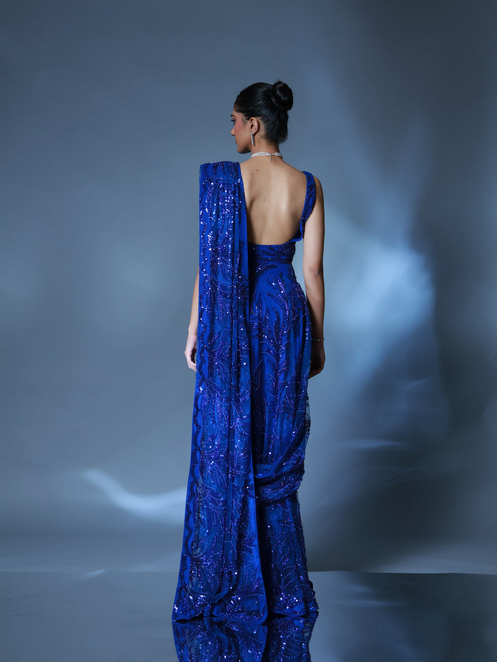 Royal Sapphire Embellished Pre Draped Sari Set