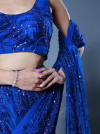 Royal Sapphire Embellished Pre Draped Sari Set