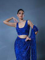 Royal Sapphire Embellished Pre Draped Sari Set