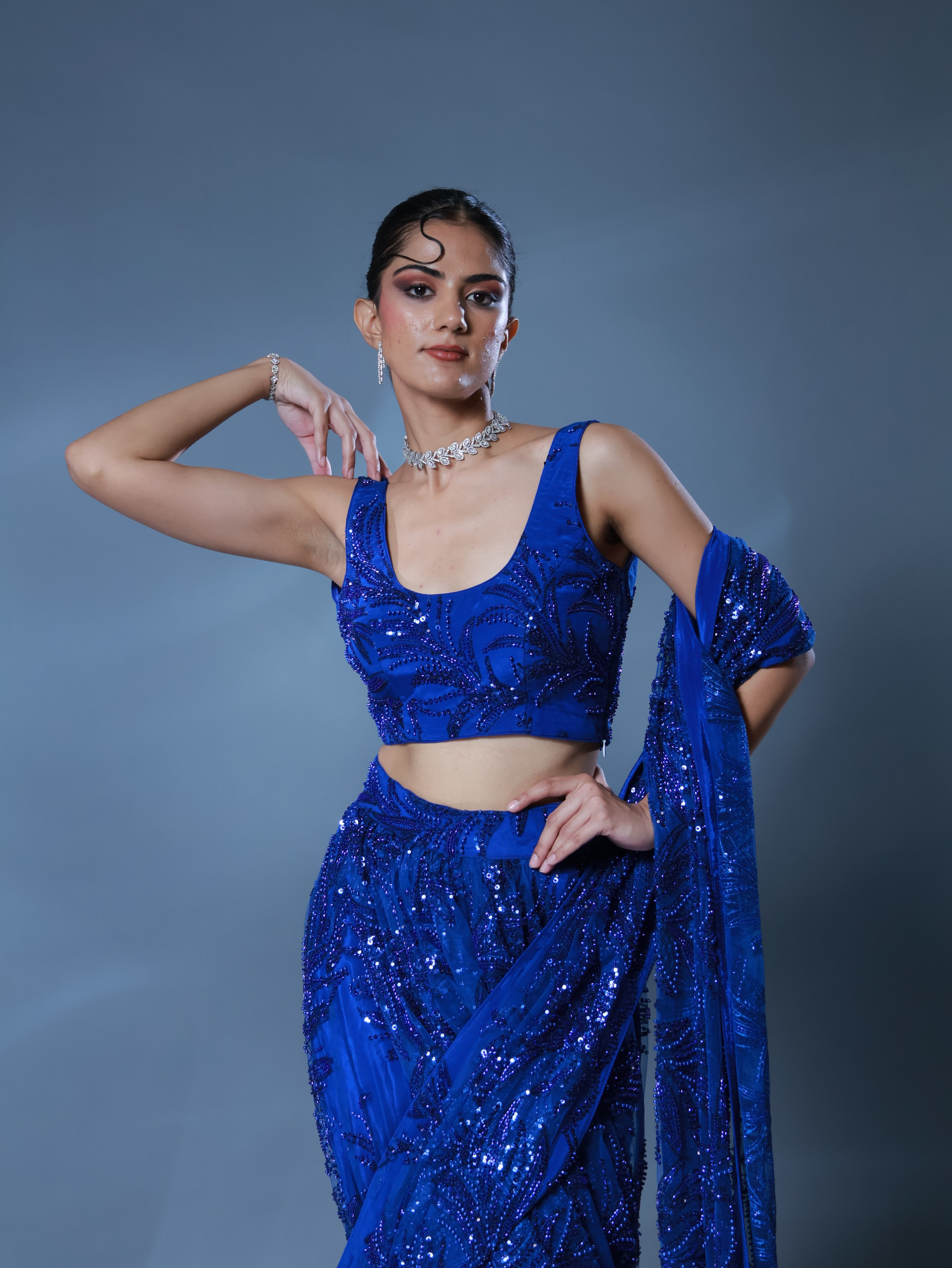 Royal Sapphire Embellished Pre Draped Sari Set