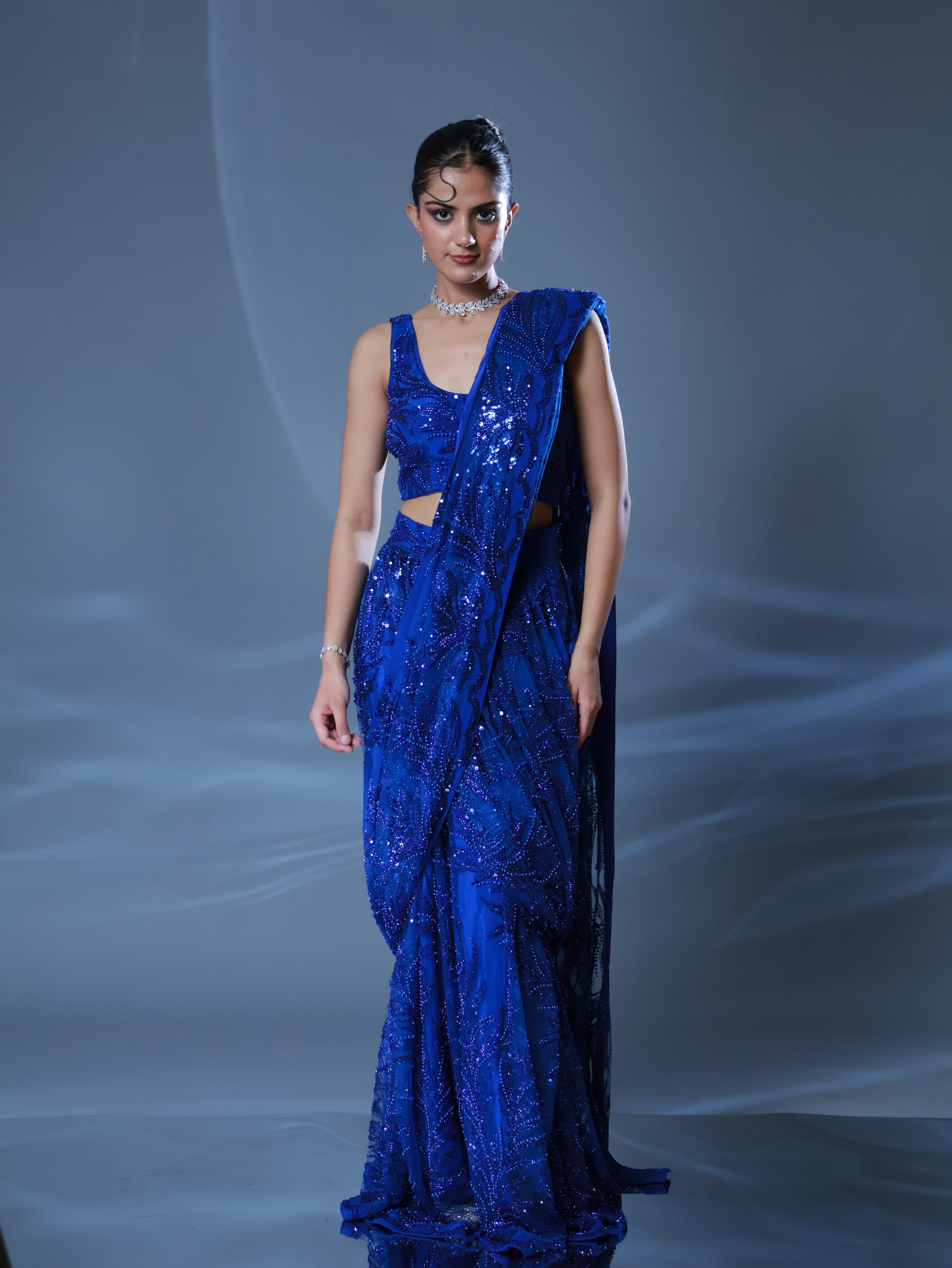 Royal Sapphire Embellished Pre Draped Sari Set
