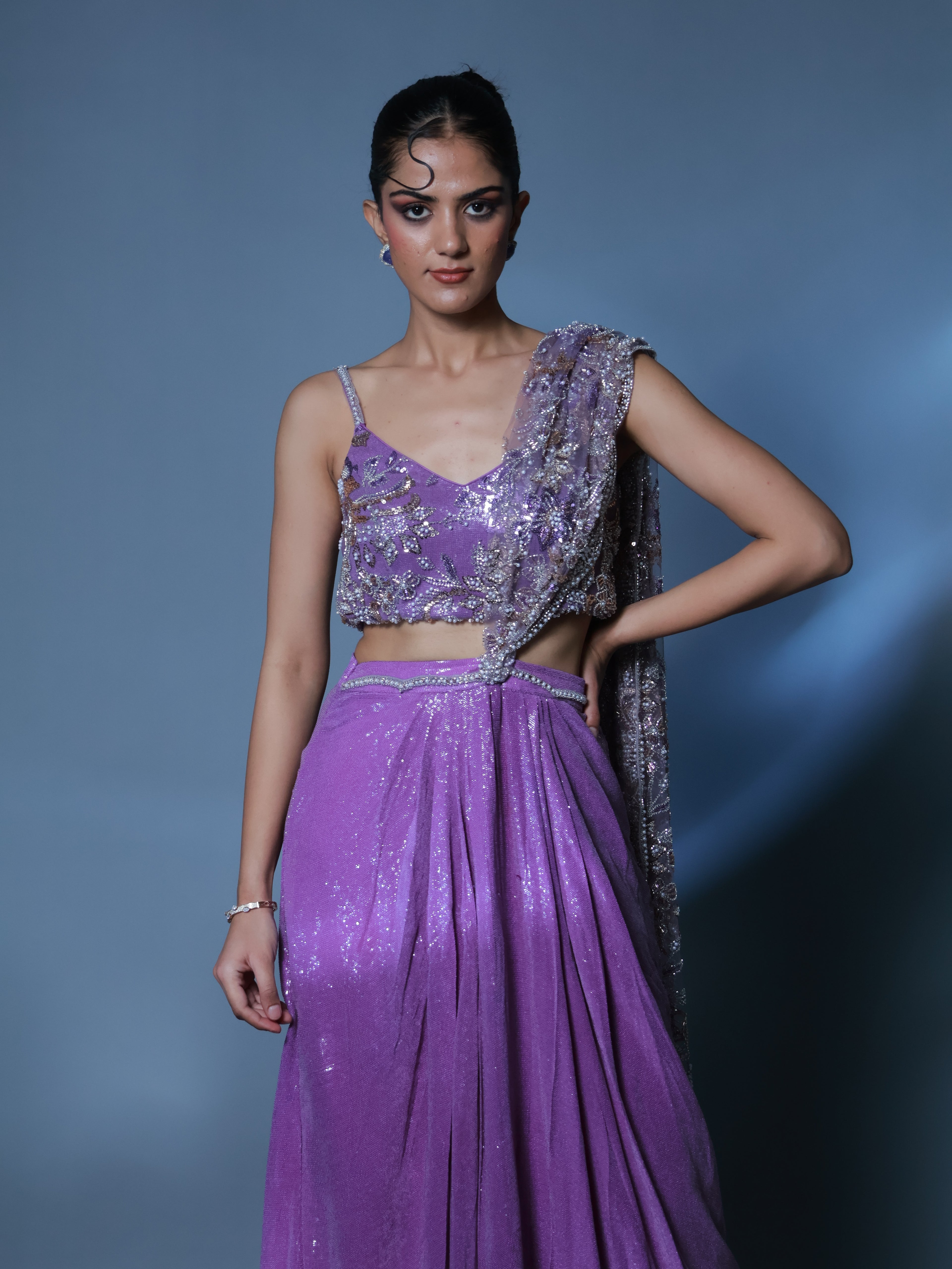 Lilac Embroidered Sequin Pre Draped Sari Set