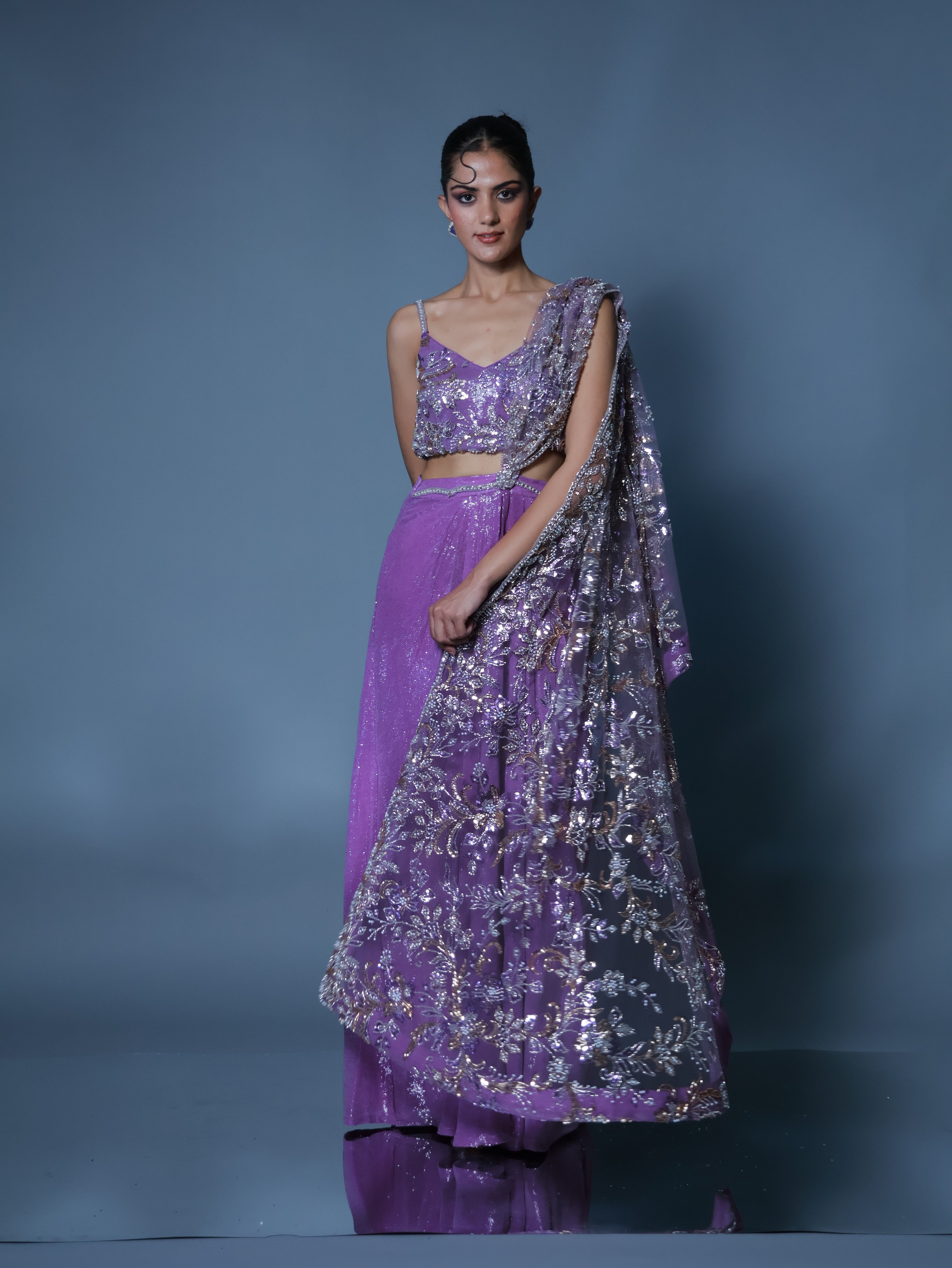 Lilac Embroidered Sequin Pre Draped Sari Set