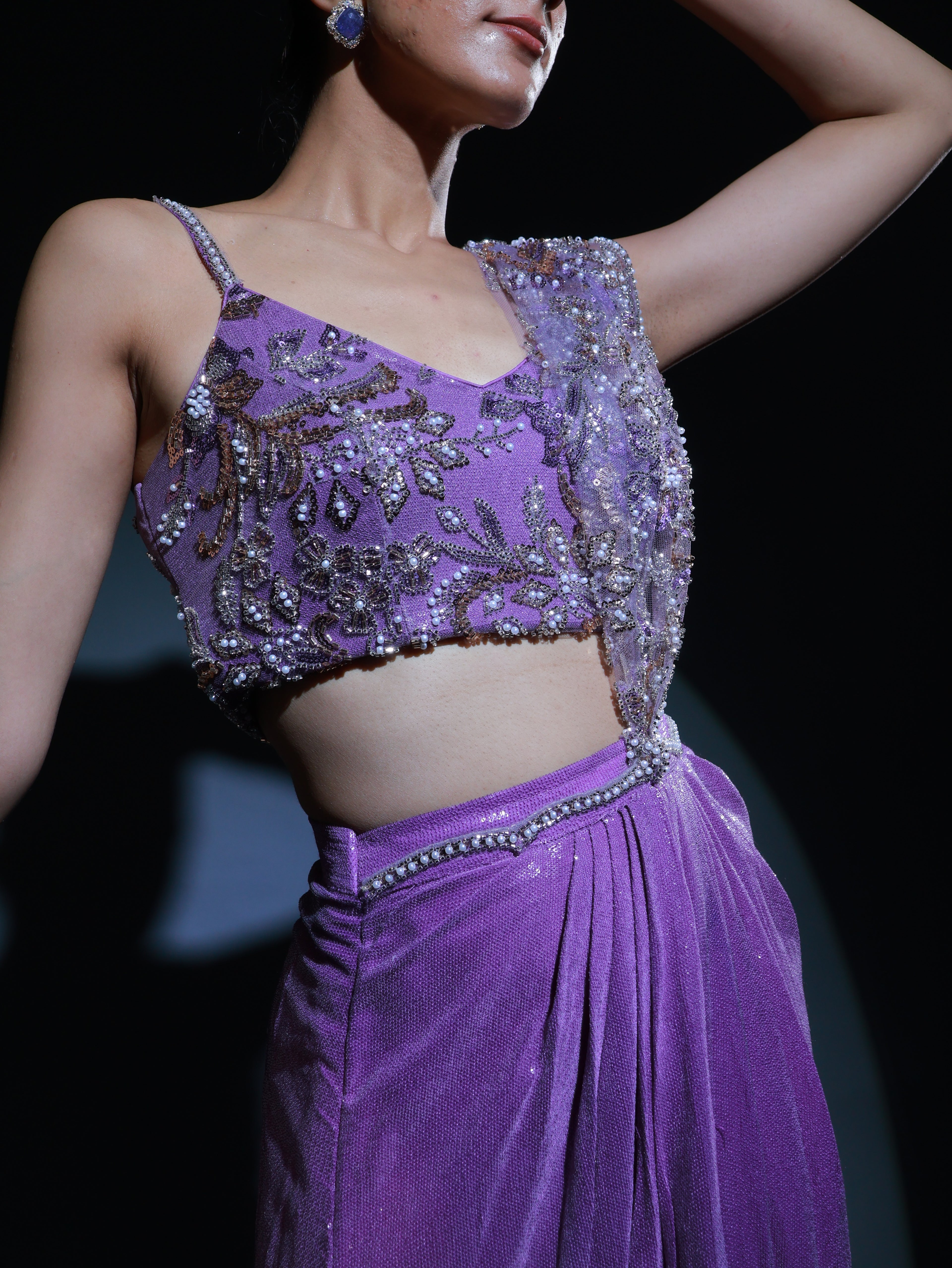 Lilac Embroidered Sequin Pre Draped Sari Set
