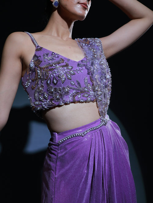 Lilac Embroidered Sequin Pre Draped Sari Set