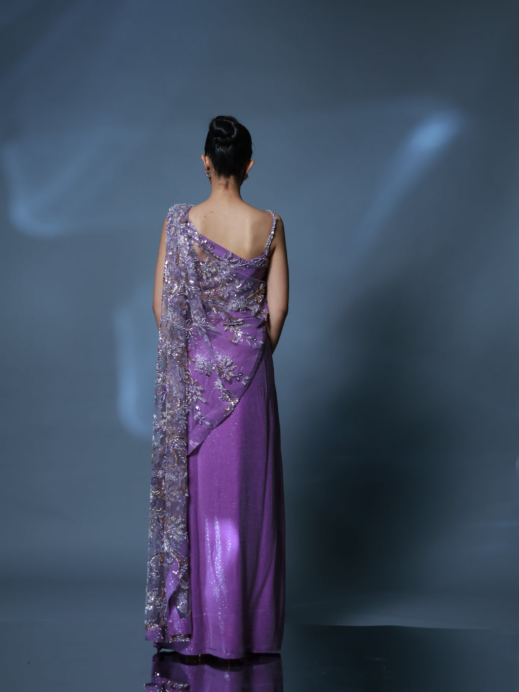 Lilac Embroidered Sequin Pre Draped Sari Set